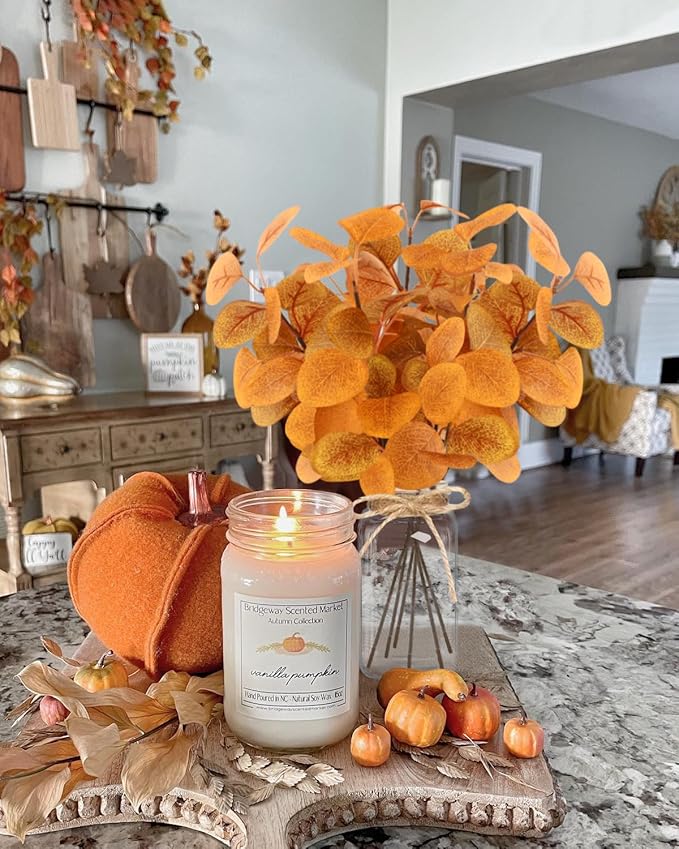 Fall Faux Eucalyptus Stems in Glass Vase 14.2" 6pcs Artificial Autumn Eucalyptus Branches with Vase Fall Home Table Decor Fake Fall Plants Stems for Farmhouse Kitchen Bathroom Decorations