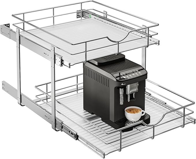 WelFurGeer 2-Tier Stainless Steel Pull Out Cabinet Organizer, Soft Close Damping Slides, Heavy Duty Chrome Plated Wire Basket with Shelf Liner, Perfect for Kitchen Cabinets, Pantry Storage, Under Sink