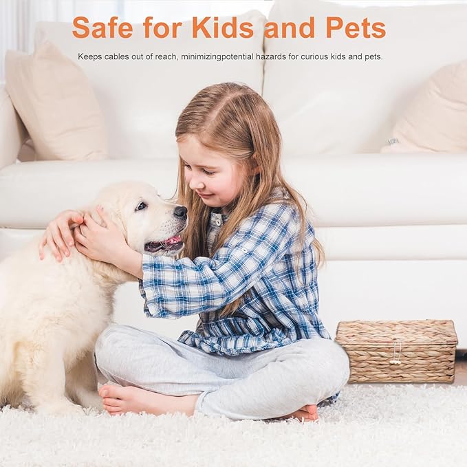 Cable Management Box, Cord Hider Organizer Box with Lid 2-Pack,2 Side Open Slots Handwoven Water Hyacinth Storage Box for Power Strips, Floor, Desk, Office