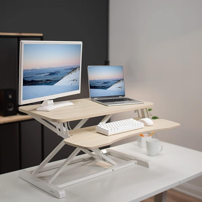 VIVO 32 inch Desk Converter, K Series, Height Adjustable Sit to Stand Riser, Dual Monitor and Laptop Workstation with Wide Keyboard Tray, Light Wood Top, White Frame, DESK-V000KF