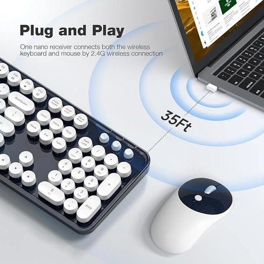 MOFII Wireless Keyboard and Mouse Combo, Computer Full Size 2.4G Plug and Play Wireless Typewriter Retro Round Keyboard and Mouse Set for Windows, Computer, Desktop, PC, Notebook - (Dark Blue)