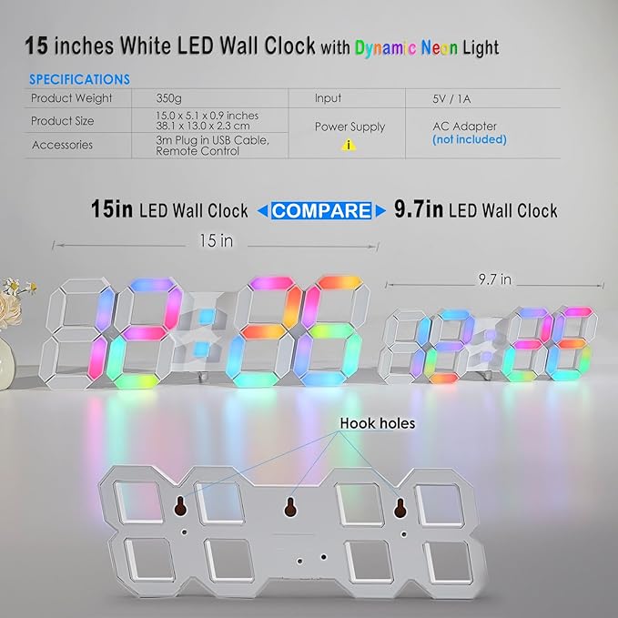 KOSUMOSU LED Wall Clock 15" RGB Digital LED Clock for Living Room Decor, Large Display Gaming Room Clocks, Dimming/12/24 Hr Time/Date/Temp/Remote (White Clock with Neon Light)