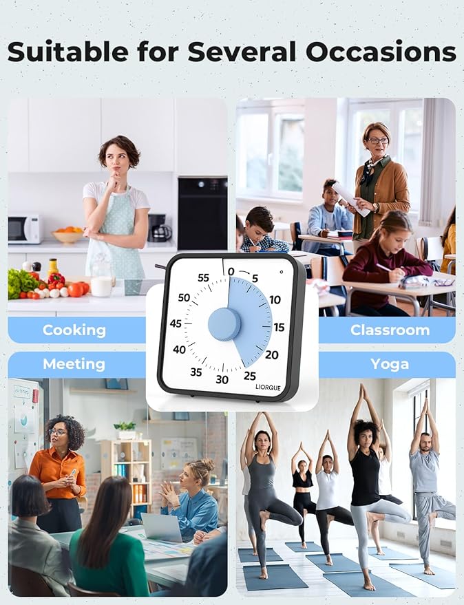 LIORQUE 60 Minute Visual Timer for Kids and Adults, Non-Ticking 7.5 Inch Large Visual Countdown Timers for Classroom Desk Countdown Clock with Magnetic Backing, Kids Pomodoro Timer Clock