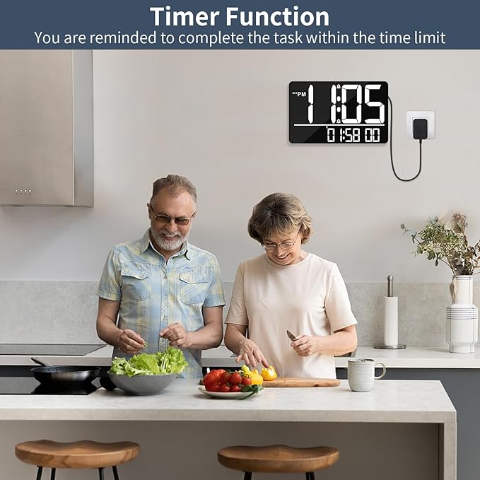 13" Digital Wall Clock Large Display with Remote, 25 Ringtones, Temperature, Calendar, 0-100% Auto or Custom Brightness, 12/24H, DST, Timer, for Living Room, Kitchen, Bedroom, Office, Elderly