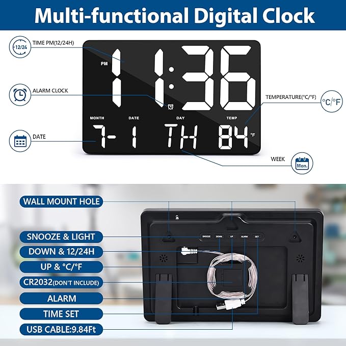 SZELAM Digital Clock Large Display,11.5"Digital Wall Alarm Clock with Remote Control,LED Oversized Electric Clock with Calendar,12/24H,Adjustable Brightness Large Clock for Home Office Kitchen Bedroom
