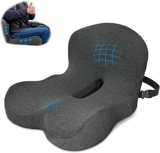 Memory Foam Seat Cushion,Office Chair Cushion with Lumbar Support for Back Pressure Relief, Car Seat Cushion with Adjustable Strap,Sciatica Pad Cushions for Car,Truck, Desk,Gaming Chair