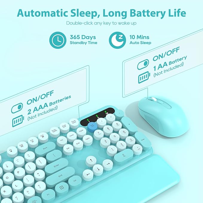 Wireless Keyboard and Mouse Combo, Full-Size Retro Typewriter Keyboard with Detachable Wrist Rest, Round Keycaps, Sleep Mode & Tilt Legs, 2.4GHz Cordless Connection for Windows/PC (Robin Egg Blue)