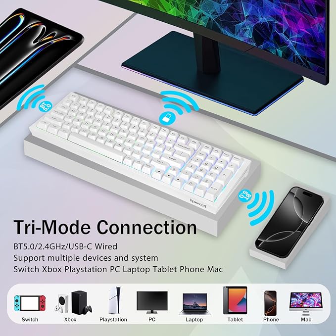 Redragon K723 Wireless Mechanical Gaming Keyboard Creamy, Hot Swappable Pre-lubed Linear Switches, Gasket Structure, Tri-Mode BT5.0/2.4GHz/USB-C, RGB Backlit, Custom for PC/Mac/PS/Xbox, White