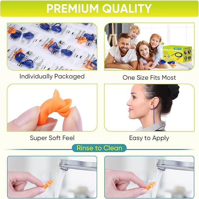 TICONN 12 Pairs Reusable Silicone Ear Plugs for Sleeping Noise Cancelling, 25dB NRR Corded Earplugs for Study Concentration Travel (12 Pairs)