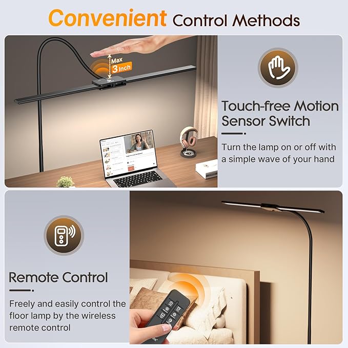 Syrinx LED Floor Lamp, Dual Head Gooseneck Floor Lamps for Living Room with Gesture Switch & Remote Control, 14W Bright Tall Standing Lamp Modern Eye-Caring Reading Floor Lamp for Bedroom Office