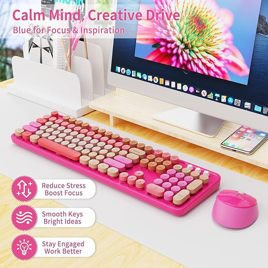 Wireless Keyboard and Mouse Combo, Retro Typewriter Keyboard with Round Keycaps, Full-Size Ergonomic, Red, Ideal for Windows PC, Home, Office, and College, Wireless Keyboard Mouse Combo