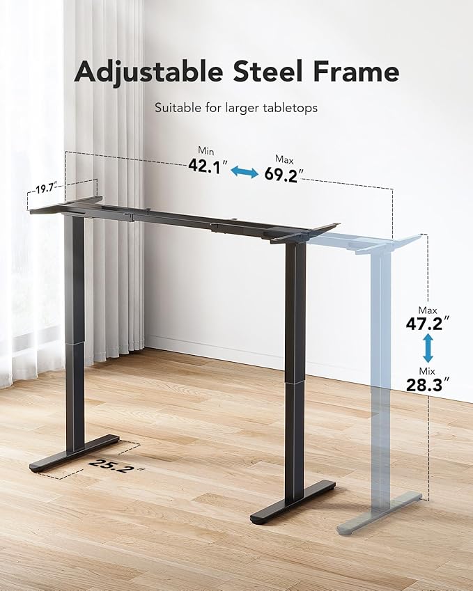 HUANUO Electric Standing Desks Frame with 265 lbs Dual Motor,Thick T-Shaped Desk Legs Made of Automotive Grade Steel,for Max 90″x31.5″ Desktop, Height Adjustable Desk Frame for Home Office, Frame Only