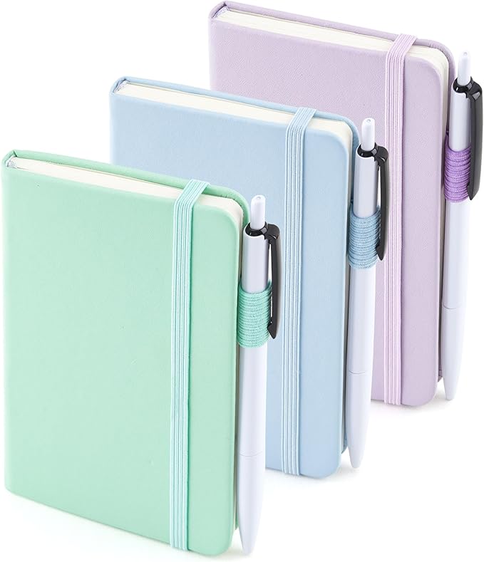 feela 3 Pack Pocket Small Notebook Journals, Mini Cute Hardcover College Ruled Notepad Women Office Supplies, with 3 Black Pens, 3.5”x 5.5”, A6, Pastel Colors, Light Blue, Light Purple, Light Green