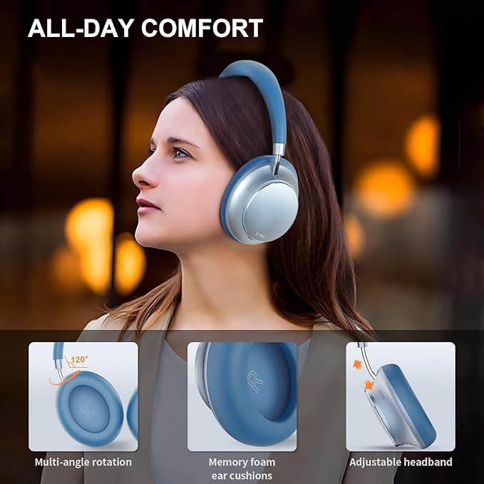 T-fun NC35 Hybrid Active Noise Cancelling Headphones, 360° Spatial Audio with Head Tracking, Over Ear Headphones Wireless Bluetooth 5.3, 55H ANC Playtime, Deep Bass, Custom EQ via App, for Travel Home