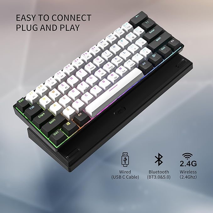Newmen GM610 60% Wireless Mechanical Gaming Keyboard,Wired/Bluetooth/2.4G Keyboard,RGB Backlit,61 Anti-Ghosting Keys,Programmable,Hot-Swappable,for Windows Mac Android (Black-White/Red Switch)