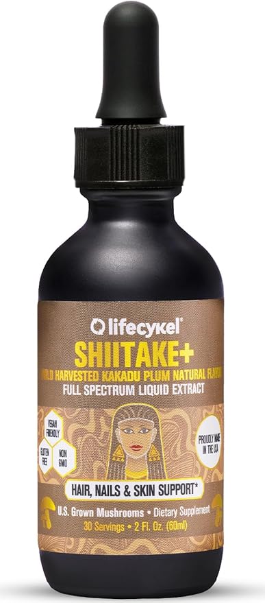 Lifecykel - Shiitake Mushroom Extract with Kakadu Plum- Hair, Skin & Nail Support, Anti Aging Supplement- 100% Organic Mushrooms, Immune Boosting, Vitamin C Made in The US- 2 Fl oz(Packaging May Vary)