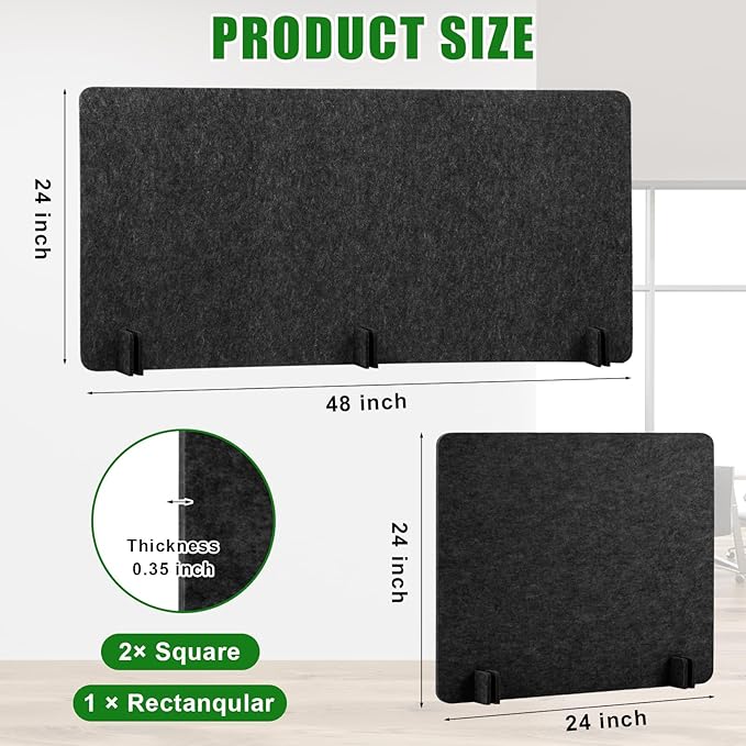 Buryeah 3 Pcs Desk Divider 23.6 x 47.2, 23.6 x 23.6 Stand up Freestanding Cubicle Privacy Partition Reducing Noise Visual Distraction Divider for Office Home School(Deep Gray)