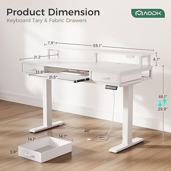 AODK Electric Standing Desk with Drawers & Keyboard Tray, 55 Inch Height Adjustable Gaming Desk with Power Outlets & LED Lights, Sit Stand Table with Monitor Stand for Home, Office, White
