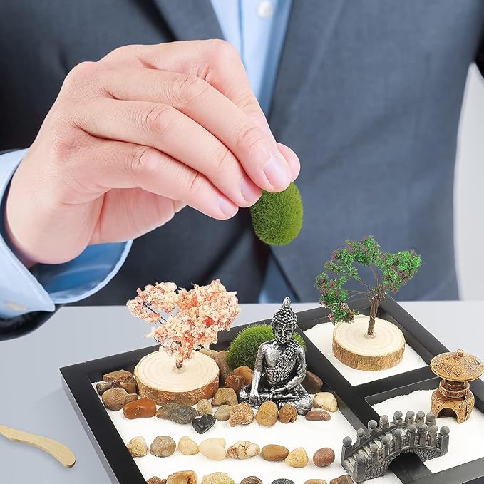 Japanese Zen Garden for Desk - Sakura Budah 9" x 7" Desktop Mini Zen Garden with White Sand Artificial Bonsai Tree Rocks Rakes & Accessories - Meditation Zen Gifts Sand Garden Kit for Office Zen Decor