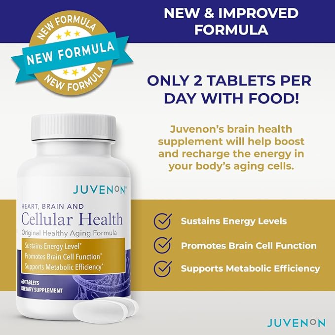 Juvenon Cellular Health | Heart, Brain Supplement with Acetyl L-Carnitine and Biotin - Supports NAD+ Function, Energy Production, Mood, Revitalized Metabolism, Mental Focus & Clarity (60 Tablets)