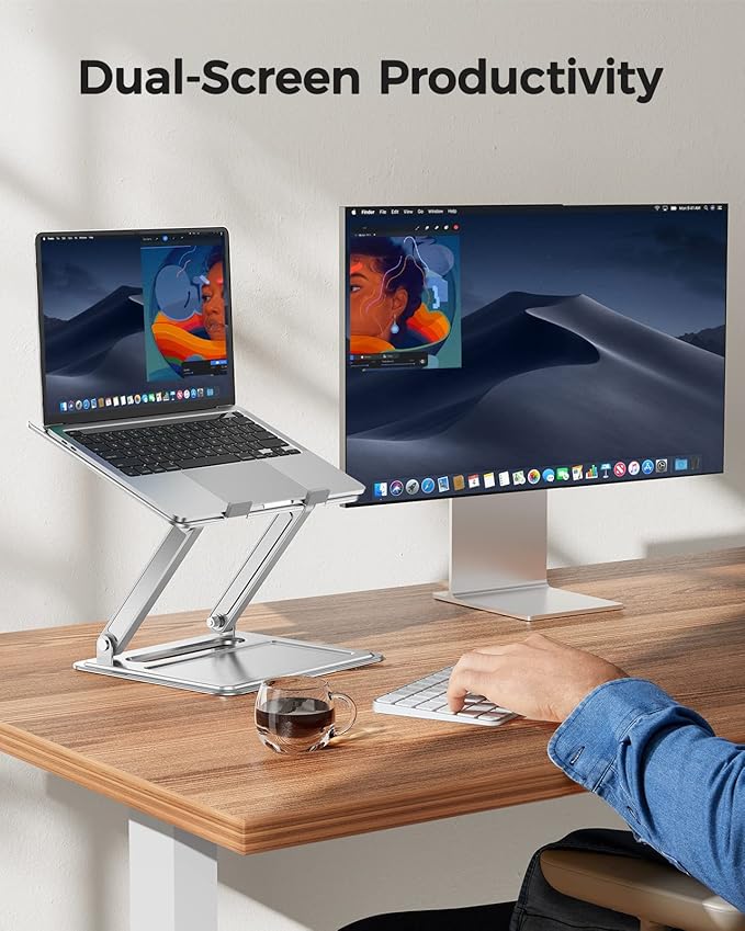 LORYERGO Laptop Stand for Desk, Adjustable & Foldable Laptop Riser for 10-15.6 Inch Laptops, Computer Stand for MacBook/Notebook, Portable Ergonomic Holder Up to 17.6lbs - Silver