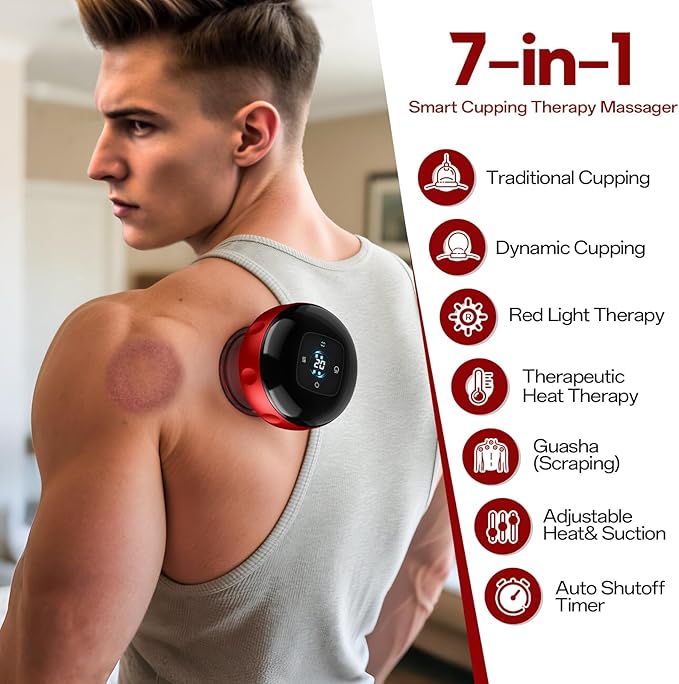 Smart Cupping Therapy Massager, 7 in 1 Red Light Cupping Therapy Set with 2 Modes for Targeted Pain Relief, Muscle Soreness,Tighter Skin,Cupping Kit with 12 Levels Suction and Heat,Red