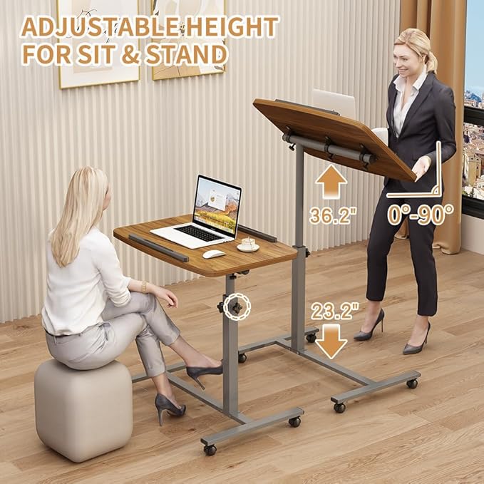Laptop Lap Desk, Mobile Adjustable Overbed Bedside Table with Wheels, Portable Standing Bed Desk, Rolling lapdesk Lap desks for Adults with Casters& Mouse Pad