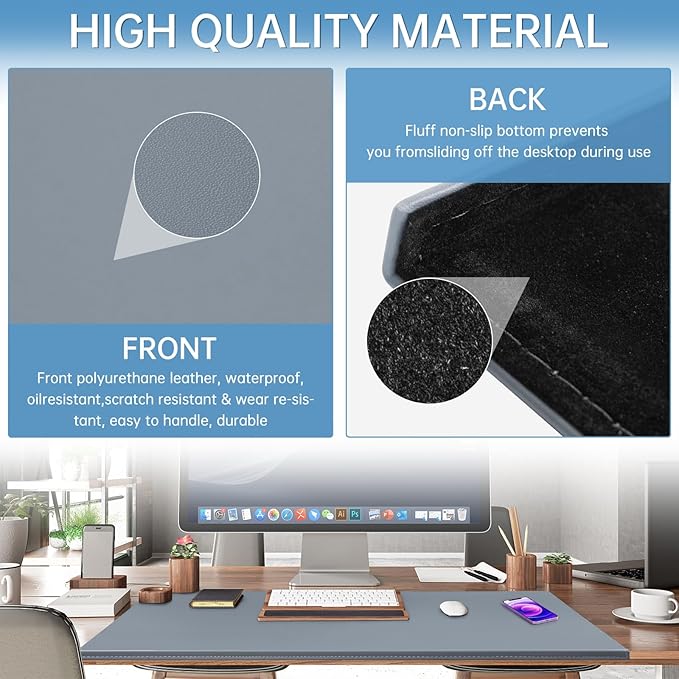 AKOZLIN 35.4"x 18.9" Soft PU Leather Surface Office Desk Mouse Mat Anti-Push Pad with Full Grip Fixation Lip Table Blotter Edge-Locked Protector Grey