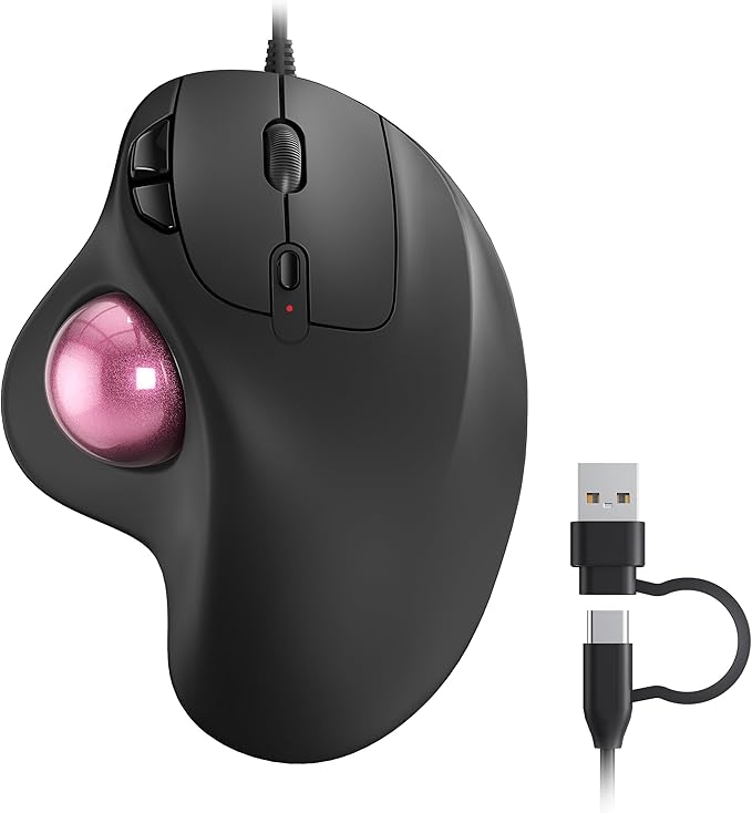 Nulea M509 Trackball Mouse Wired, Ergonomic Design, Easy Thumb Control, Precise & Smooth Tracking, 2-in-1 Interface (Type A &Type C), Compatible for PC, Laptop, Mac, Windows(Pink).