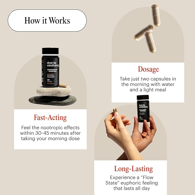 MINDHONEY | DOSE 60 Count, Premium All-in-One Nootropic Brain Supplement | Focus, Mood, Energy, & Memory | Functional Mushrooms & Adaptogens - Lion’s Mane, Ashwagandha, L-Theanine, Bacopa, & Vitamins