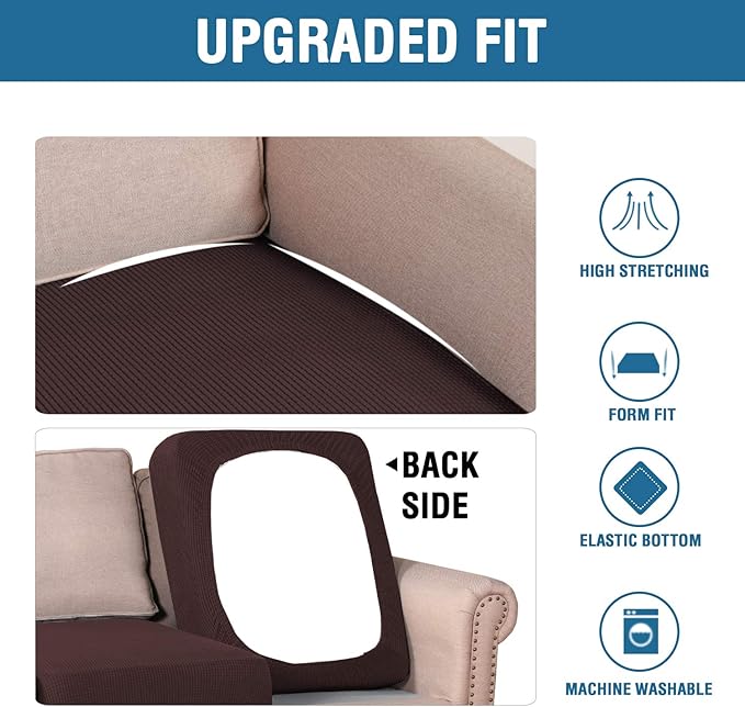 H.VERSAILTEX Super Stretch Couch Cushion Covers Sofa Cushion Slipcovers Jacquard Fabric Individual Seat Couch Slipcover Sets for Pets with Elastic Bottom(3 Packs Cushion Sofa Covers, Chocolate)