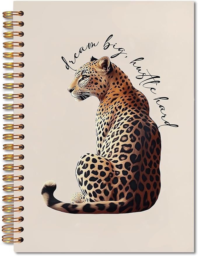 Trendy Inspirational Leopard Notebook, Funky Cheetah Print Journaling Notebook, Modern Aesthetic Leopard Journal, Dream Big Hustle Hard Positive Quote Cheetah Spiral Notebooks 5.5x8.3 Inch