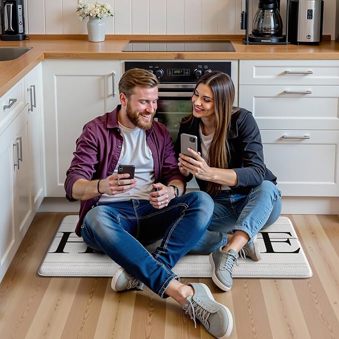 KIMODE Anti Fatigue Kitchen Mat Cushioned, Boho Farmhouse Kitchen Runner Rug, Non Slip Memory Foam Kitchen Mat for Floor, Waterproof Standing Desk Mat for Laundry Office Sink 20"x39" White