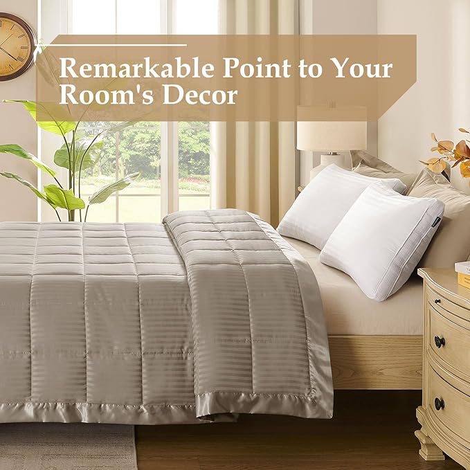 downluxe Twin Blanket with Satin Trim, Lightweight Down Alternative Blanket Twin Size for All Season, Machine Washable (Sand, 66 X 90 Inch)