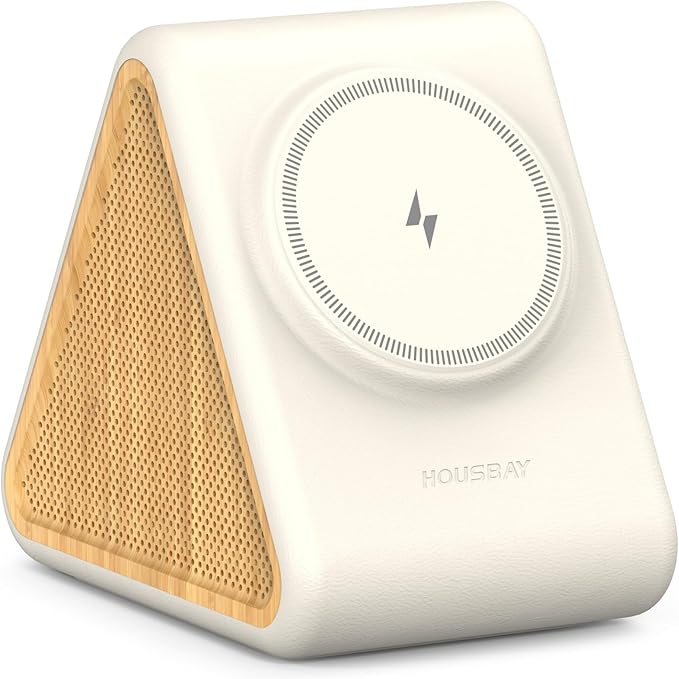 Housbay Sound Machine with Magnetic Wireless Charger for iPhone,2-in-1 Design for Clutter-Free Nightstand,Dual-Speaker Stereo Sound for Sleeping - White Oak