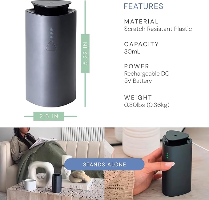 The Mini Essential Oil Diffuser for Home, Waterless & Smart Portable Diffuser for Essential Oils, USB-C & Rechargeable with Adjustable Settings, Covers 300 Sq. Ft., Black