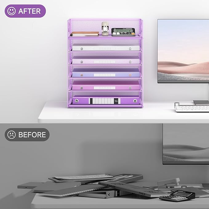 6 Tiers Letter Tray Paper Organizer with Handle, Mesh Desk File Organizer, Metal Desktop Document Shelf Organization, Paper Sorter Organizer for Office, Home or School File Folder Holder - Purple