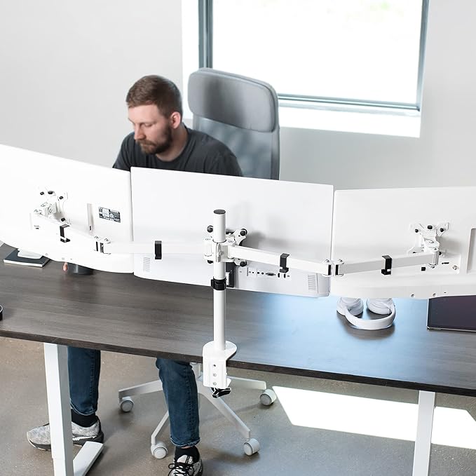 VIVO Triple Monitor Adjustable Desk Mount, Articulating Tri Stand, Holds 3 Screens up to 24 inches, White, STAND-V003YW