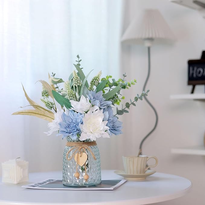 Faux Flowers with Vase,Artificial Silk Flowers in Vase, Fake Plant Eucalyptus and Willow,Flower Arrangement for Home Farmhouse Dining Table Centerpiece Decorations Coffee Table Decor (Dusty Blue)
