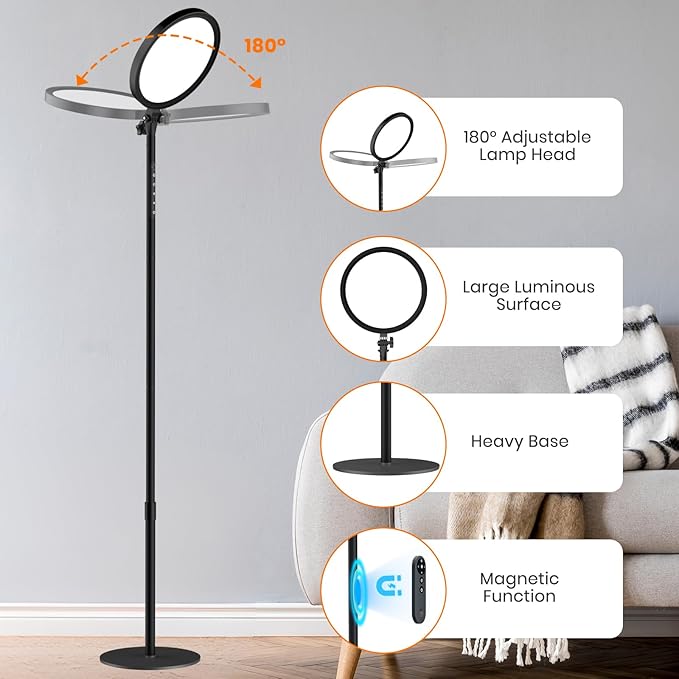 Light Therapy Lamp,12000 Lux UV-Free Sun Lamp Full Spectrum Sunlight Lamp with 12" Panel/71 High/4 Color Temperature/5 Brightness/Remote Control, 2 in 1 Retractable Floor Light Therapy Lamp