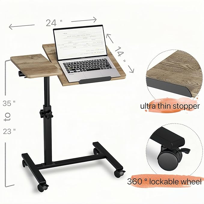 Overbed Table with Wheels Adjustable Height Beside Desk Rolling Hospital Over Bed Table Laptop Stand for Couch Tray Table Bed Sofa Side Table Computer Workstations-Coffee