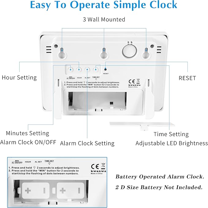 KWANWA LED Digital Clock, Alarm Clock, Wall Clock, 3" LED Digit Display, Adjustable Brightness, Auto Night Mode, Auto Alarm Volume Increasing, Wall-Mount & Table-top, Alarm Clock for Bedroom