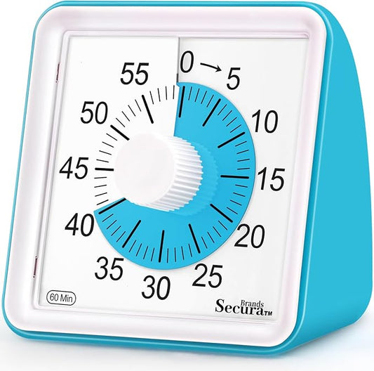 Secura 60 Minute Essential Visual Timer for Kids, Countdown Clock Timer for Special Education, Classroom, School, Desk, Home, Office, Silent Non-Ticking Time Management Tool (Blue & Blue)