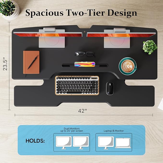 42 inch Standing Desk Converter, Height Adjustable Desktop Standing Desk with Keyboard Tray for Two Monitors, Sit to Stand up Desk Riser Computer Workstation for Home Office, Black