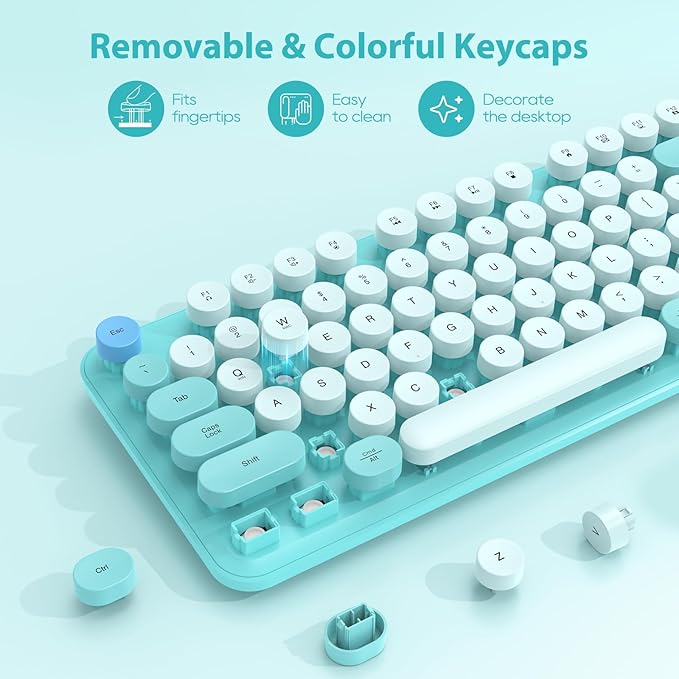 Wireless Keyboard and Mouse Combo, Full-Size Retro Typewriter Keyboard with Detachable Wrist Rest, Round Keycaps, Sleep Mode & Tilt Legs, 2.4GHz Cordless Connection for Windows/PC (Robin Egg Blue)
