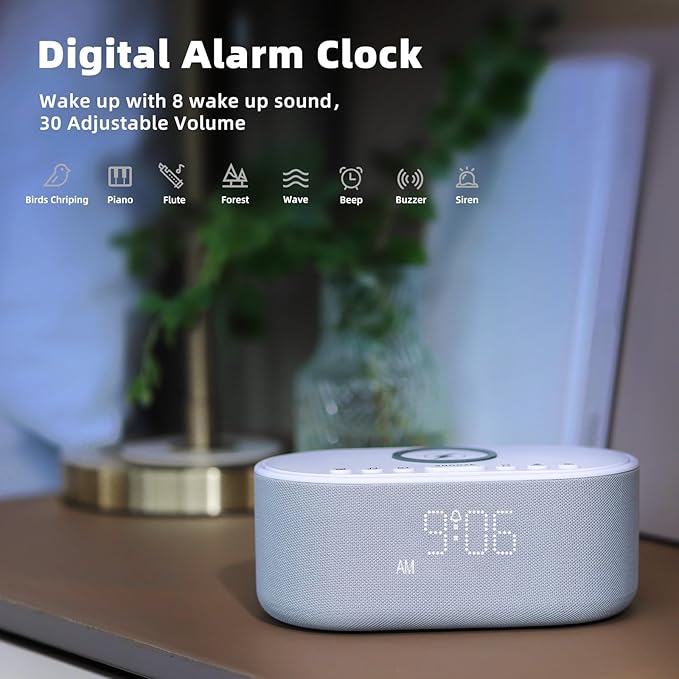 Sound Machine Alarm Clock Wireless Charger: Bluetooth 10W Stereo Sound Speaker Bedroom - White Noise Machine for Sleeping with 21 Soothing Sounds