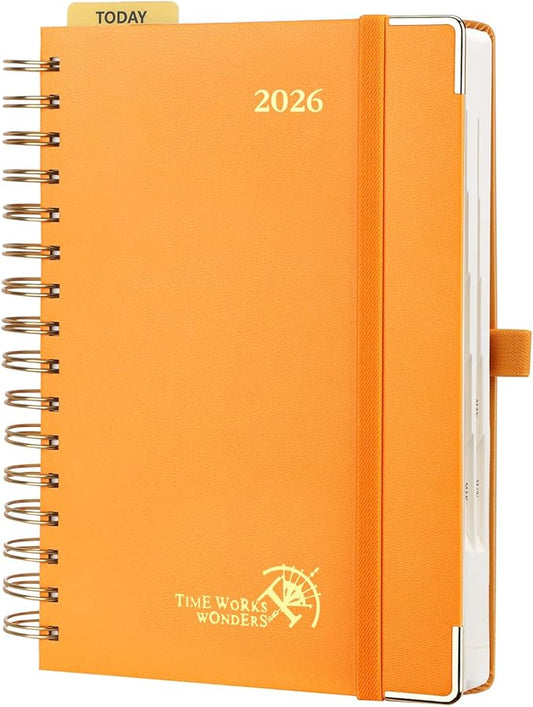 POPRUN 2026 Daily Planner One Page A Day - [8.5" x 5.75" Wire-Bound Hard Cover] Agenda 2026 Hourly Appointment Book with Monthly Calendar, Inner Pocket, Ivory Paper - Orange