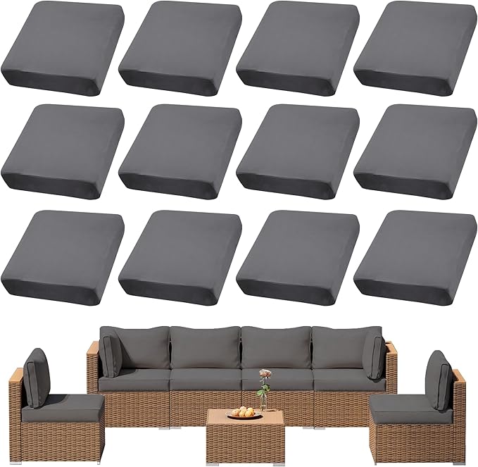 12Pcs Outdoor Cushions Covers Waterproof, Patio Cushion Covers, Stretch Cushion Covers Replacement,Cushion Slipcovers, Furniture Cushion Covers (Grey 1, 12PCS)