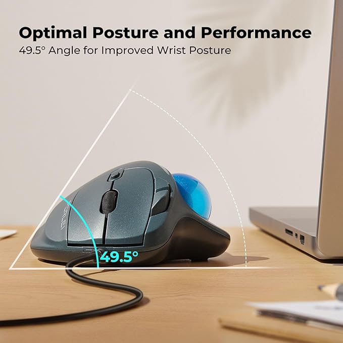 Wired Trackball Mouse with RGB Lighting, Ergonomic Thumb Control to Reduce Muscle Strain, 5 Adjustable DPI, Dual USB-C & USB-A Connectivity, Compatible with PC, Laptop, Mac, Windows-Blue