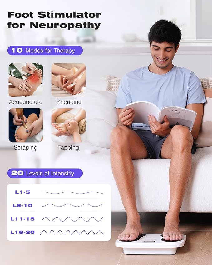 KINGJOY Foot Massager for Neuropathy, Rechargeable EMS TENS Foot Stimulator with 10 Modes 20 Intensities for Circulation Plantar Fasciitis & Swelling Pain Relief, Gifts for Women Men-White
